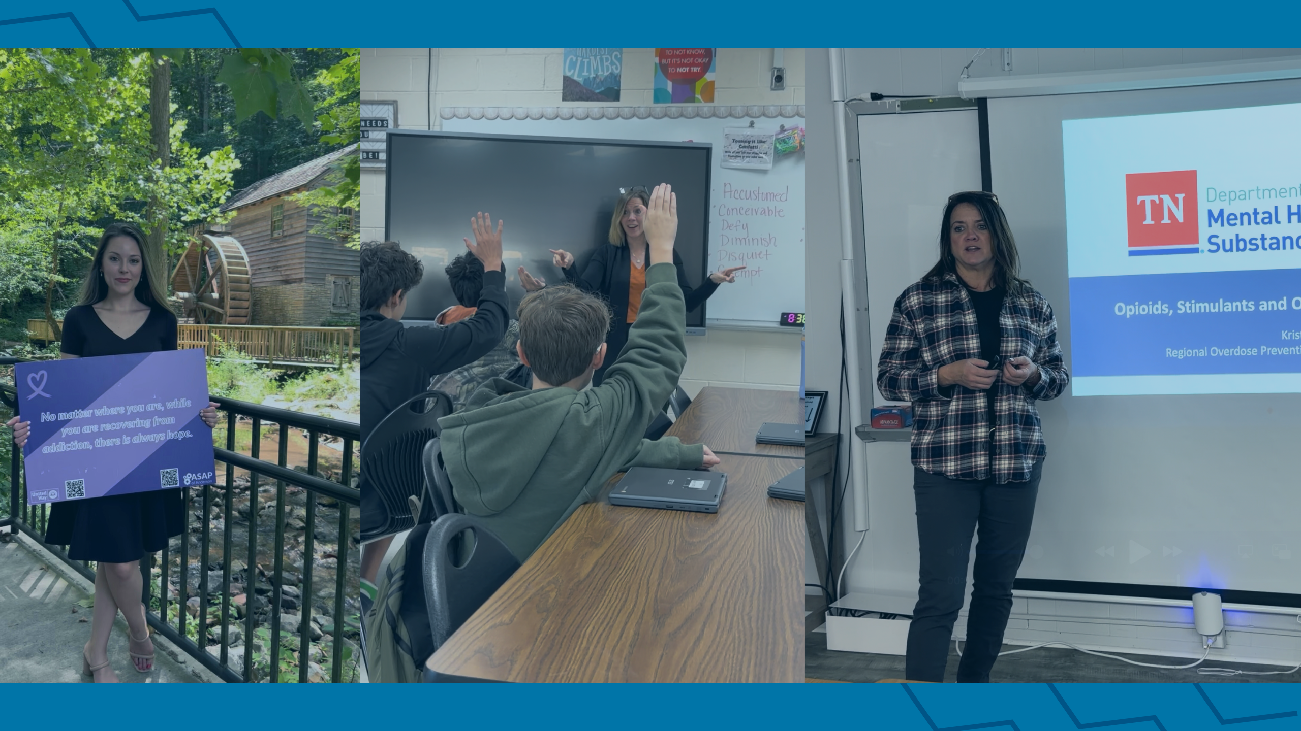 Image shows ASAP staff leading training, teaching youth, and holding a message of hope